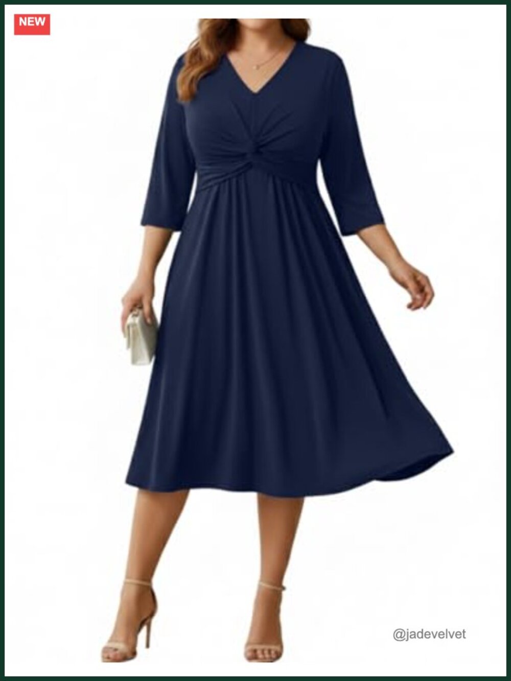 Plus Size A-Line Midi Dress 3/4 Sleeve V-Neck